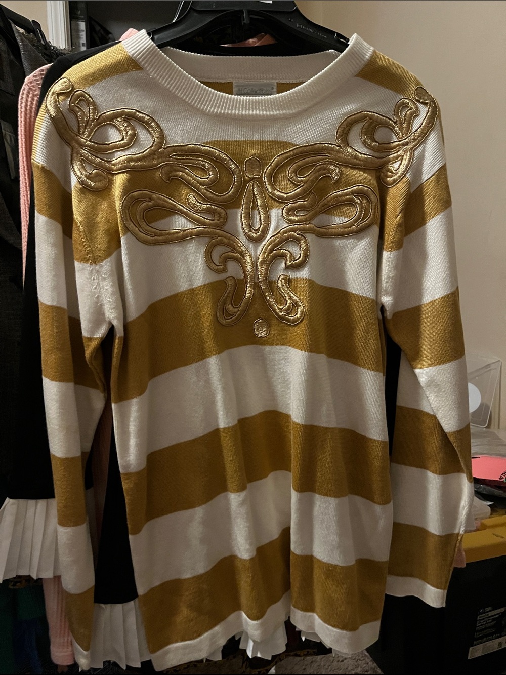 JH Collectibles White and Gold Striped Crewneck Sweater